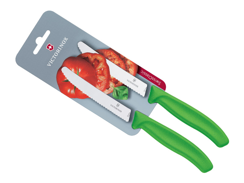 2 Couteaux de table/tomates Victorinox Swiss Classic lame crantée - manche vert